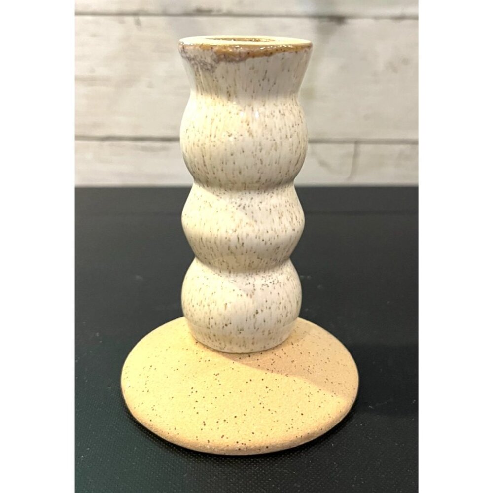 Handmade Pottery Candlestick Holder Cream/Beige Stick Glazed base Unglazed